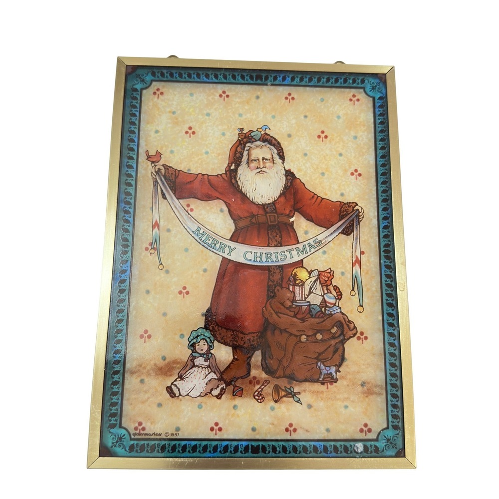 Glassmasters 1987 Santa Stained Glass Suncatcher Brass Frame 7" Merry Christmas